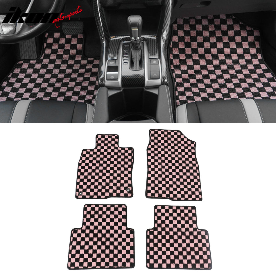 Front Rear Full Set Waterproof Floor Mats for Honda Civic 2016-2021 Black Pink Plaid Checkered Carpets PP & Loop Pile Surface & TPE Backing 4PCS