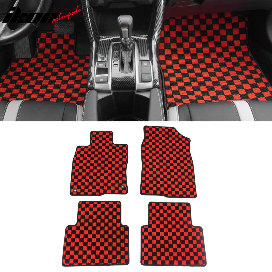 Front Rear Full Set Waterproof Floor Mats for Honda Civic 2016-2021 Black Red Plaid Checkered Carpets PP & Loop Pile Surface & TPE Backing 4PCS