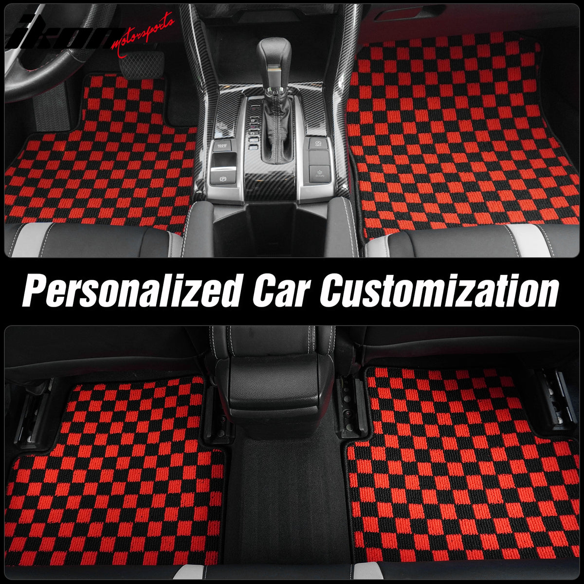 Fits 16-21 Honda Civic Anti-slip Floor Mats Checkered Carpets Black Red Plaid