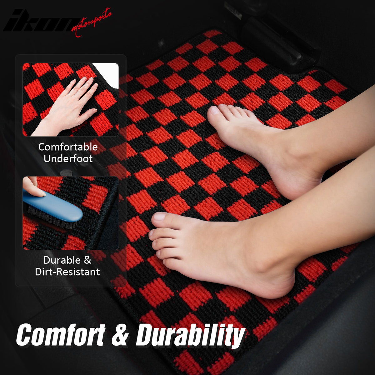 Fits 16-21 Honda Civic Anti-slip Floor Mats Checkered Carpets Black Red Plaid