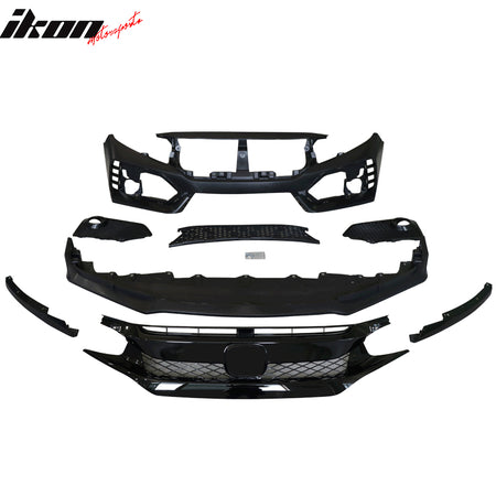 Fits 16-21 Honda Civic Sedan TR Style Front & Rear Bumper Cover W/Grille&Lip PP