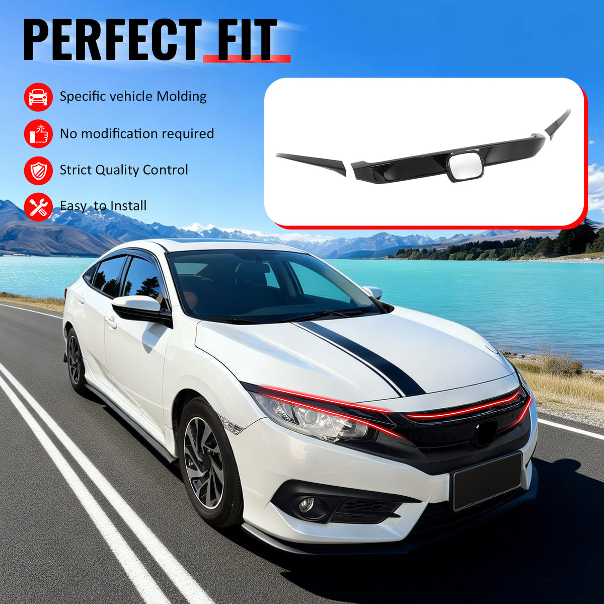 IKON MOTORSPORTS, Front Grille Trims Compatible With 2016-2021 Honda Civic Si Sedan Hatchback Coupe, OE Style Gloss Black ABS Bonnet Headlight Molding Trim 3PCS
