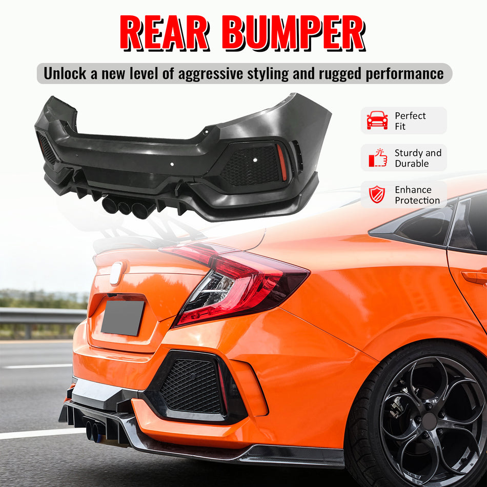 Fits 16-21 Honda Civic Sedan TR Style Rear Bumper Cover Replacement W/Diffuser