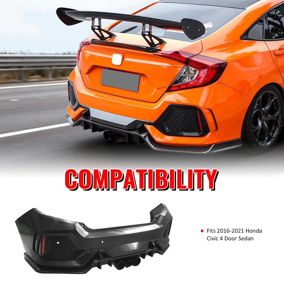 Fits 16-21 Honda Civic Sedan TR Style Rear Bumper Cover Replacement W/Diffuser