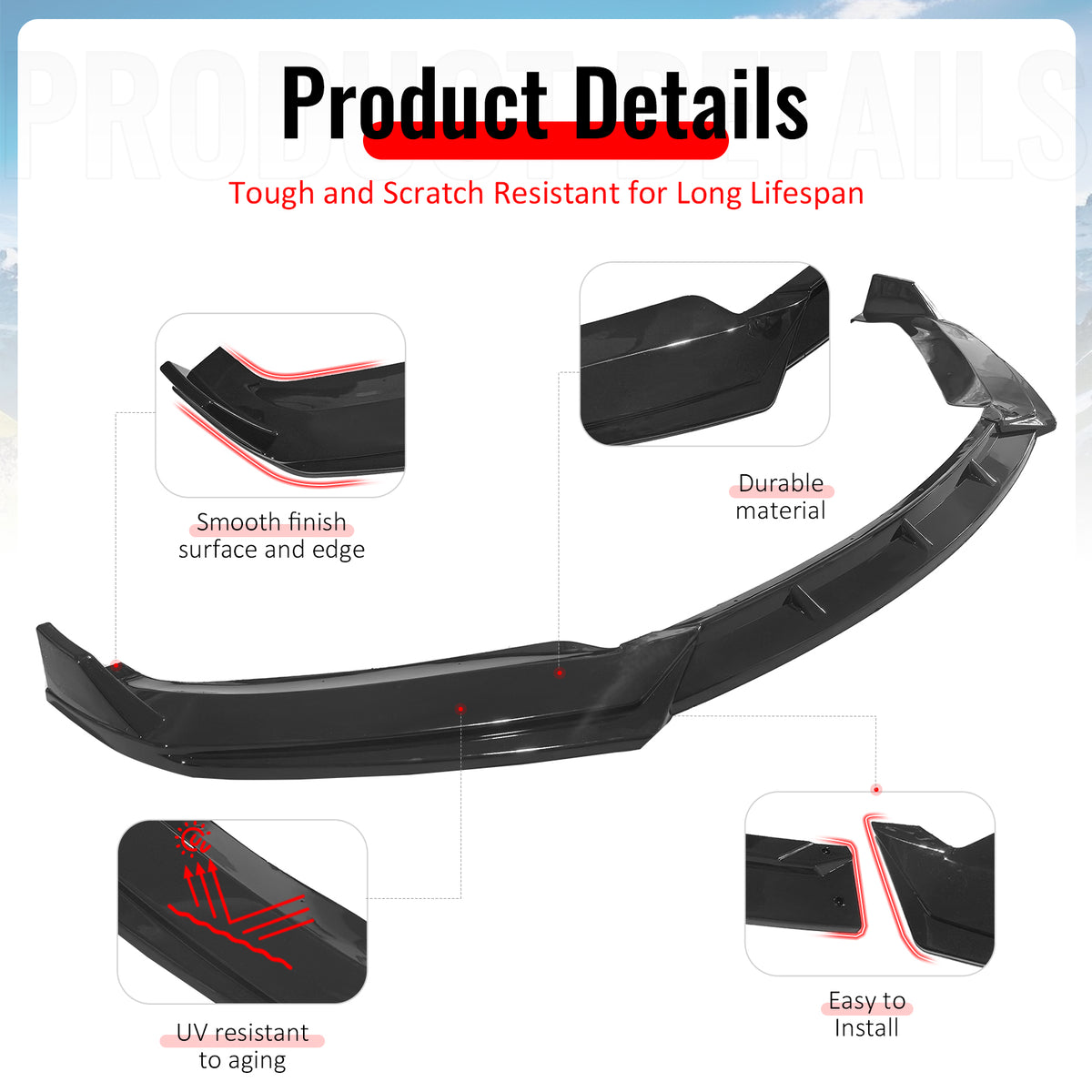 Fits 16-21 Tesla Model S Front Bumper Lip Splitter Chin Splitter PP Gloss Black