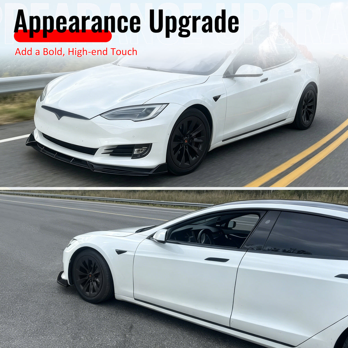 Fits 16-21 Tesla Model S Front Bumper Lip Splitter Chin Splitter PP Gloss Black