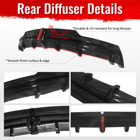 Fits 16-21 Tesla Model S LED Rear Bumper Diffuser Lip W/ 7-Fin PP Gloss Black