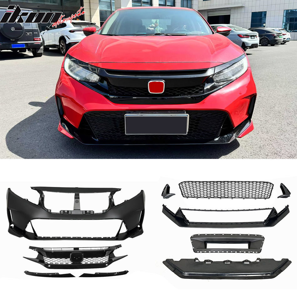 2016-2021 Honda Civic Type R Style Unpainted Black PP Replacement Conversion Bodykit with Upper and Lower Grille