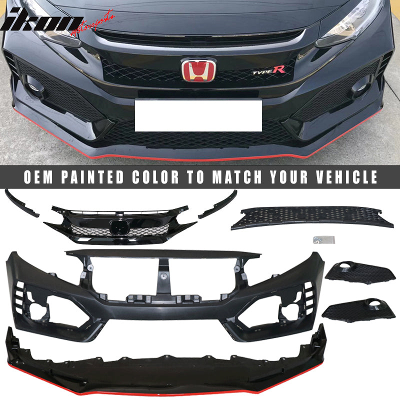 2016-2021 Honda Civic Type-R Style Front Bumper & Lip Gloss Black Red