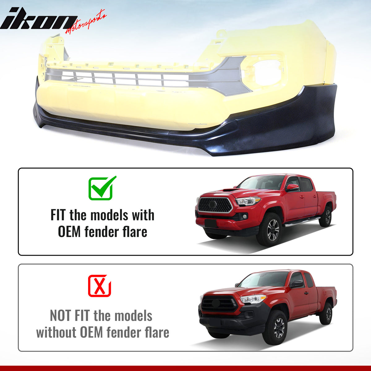 Fits 16-23 Toyota Tacoma IK Style 3PCS Front Bumper Lip Spoiler Unpainted PU