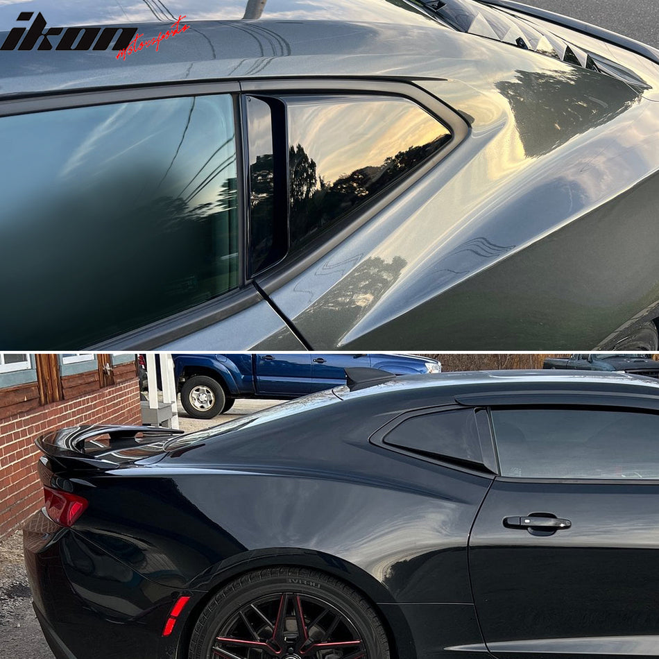 IKON MOTORSPORTS, Window Louver Compatible with 2016-2024 Chevy Camaro, Unpainted Black Window Visor Guards Sun Shade Scoop Cover Rain Sun Windshield Louvers, 2017 2018 2019