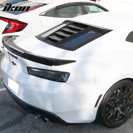 IKON MOTORSPORTS, Rear Window Louver Compatible With 2016-2024 Chevy Camaro, Carbon Fiber Print Sun Shade Cover Windshield Scoop, 2017 2018 2019