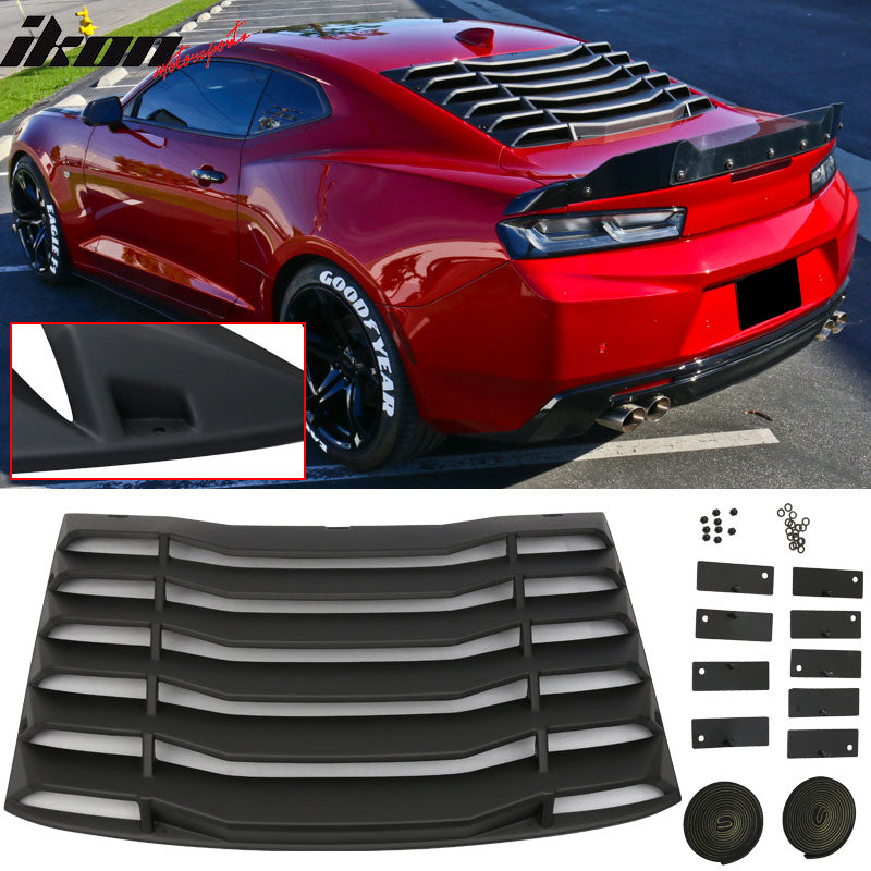 IKON MOTORSPORTS, Window Louver Compatible With 2016-2024 Chevy Camaro, IKON Style Rear & Side Quarter Scoop, Smoke/Tinted & Unpainted Black ABS Plastic
