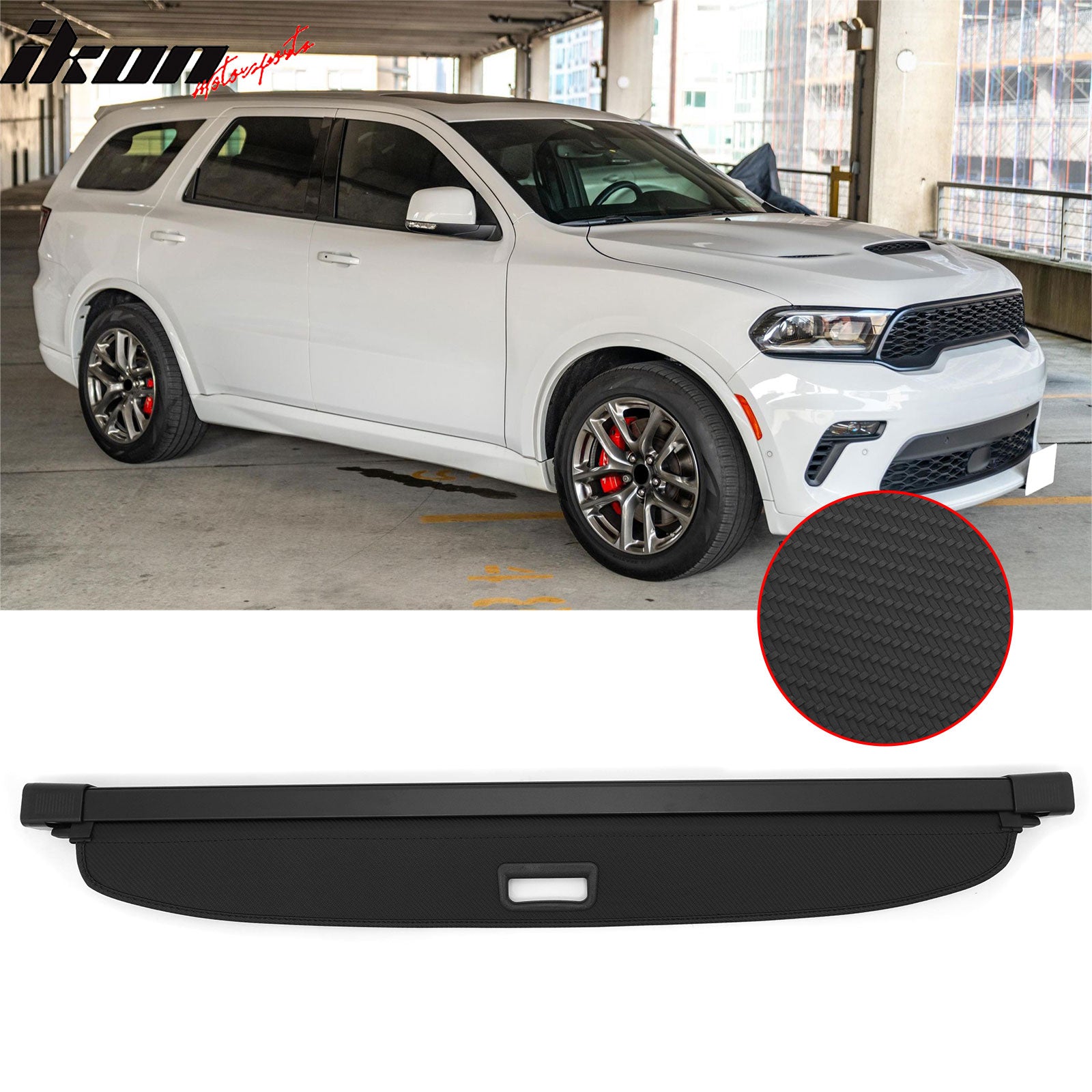 IKON MOTORSPORTS, Rear Retractable Cargo Cover + 3D TPE Backrest + Trunk Mat, Compatible with 2016-2025 Dodge Durango, ABS Aluminum Vinyl Trunk Security Luggage Shield Shade, Carbon Fiber Texture