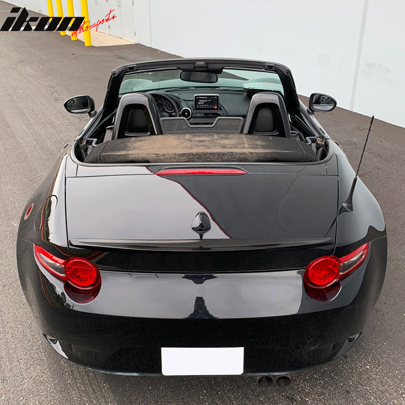 IKON MOTORSPORTS, Trunk Spoiler Compatible With 2016-2025 Mazda MX-5 & MX-5 Miata ND 4th Gen, P Style Painted #A3F Brilliant Black ABS Plastic Rear Trunk Lid Spoiler Wing Lip