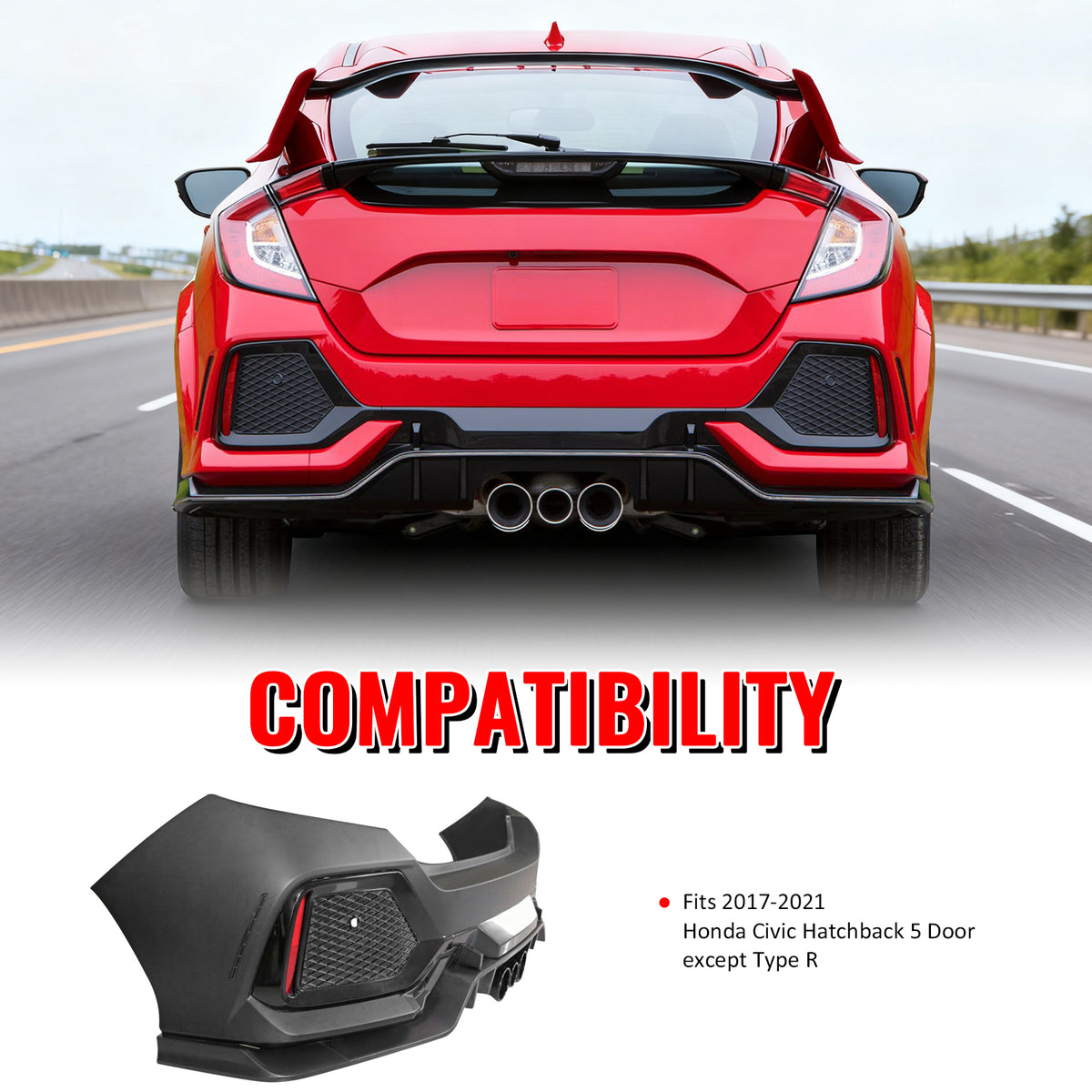 Fits 17-21 Honda Civic Hatchback Type R Rear Bumper Cover Garnish Replacement PP