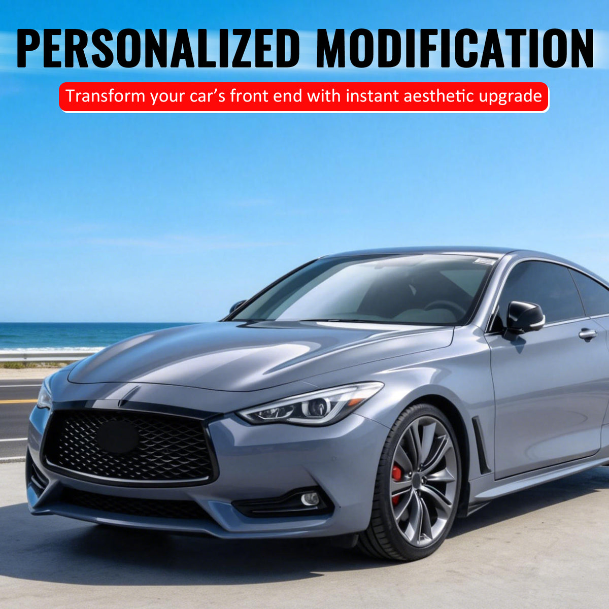 For 17-22 Infiniti Q60 Gloss Black OE Style Front Grille Frame Outline Trim ABS