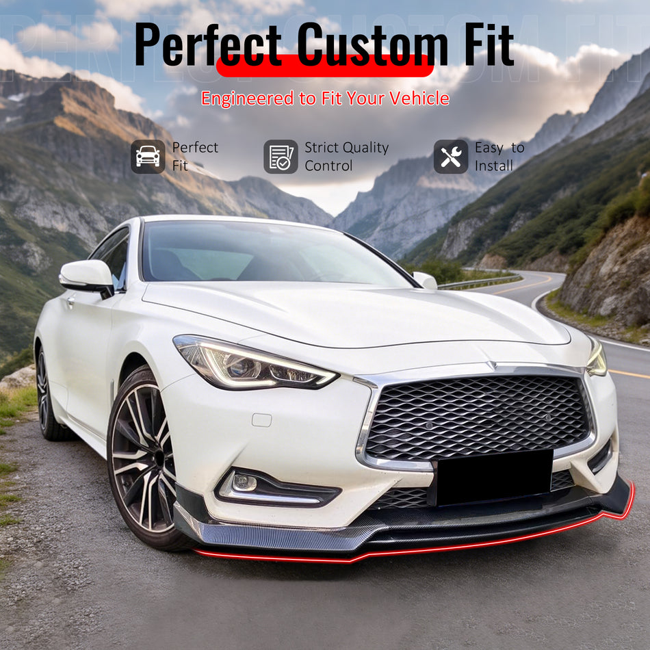 Fits 17-22 INFINITI Q60 V37 RS JDM Style Front Bumper Lip Carbon Fiber Print 3PC