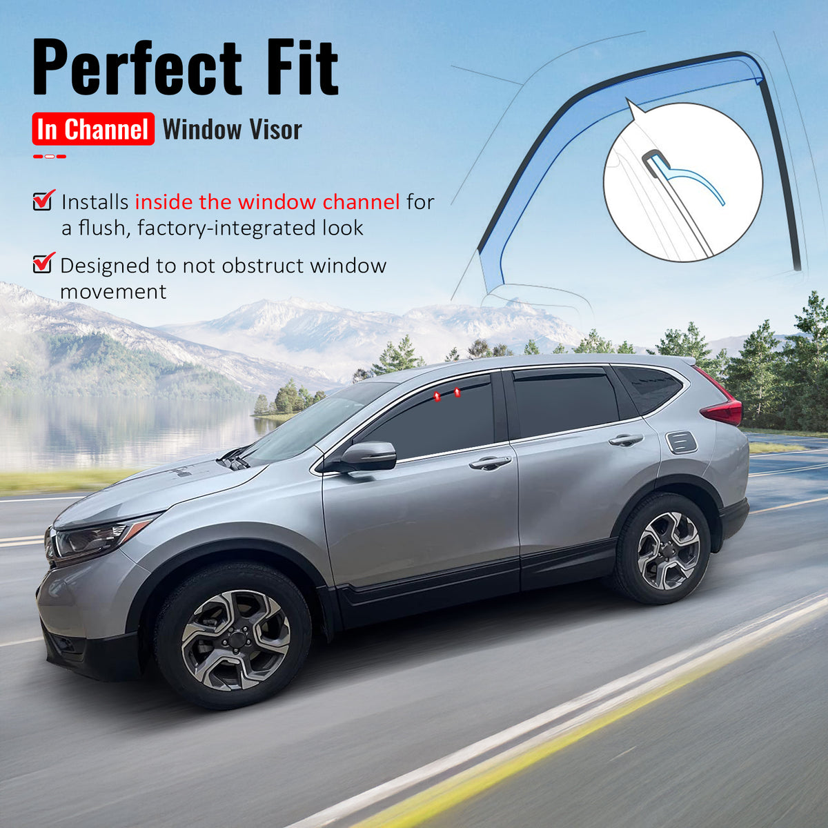 IKON MOTORSPORTS In Channel Window Visors Compatible with 2017-2022 Honda CR-V All Models, In Channel Style Injection PC Black Rain Guards, Side Window Wind Deflectors 4PCS