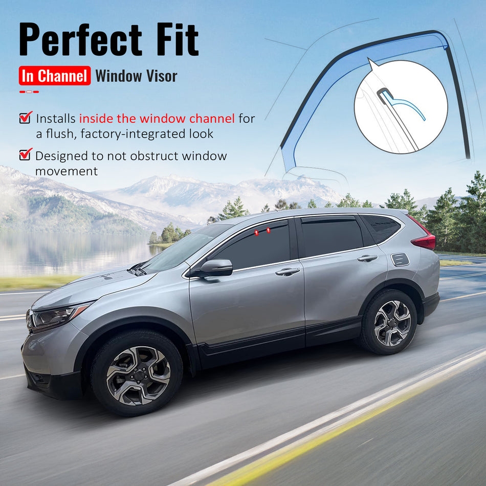 IKON MOTORSPORTS In Channel Window Visors Compatible with 2017-2022 Honda CR-V All Models, In Channel Style Injection PC Black Rain Guards, Side Window Wind Deflectors 4PCS