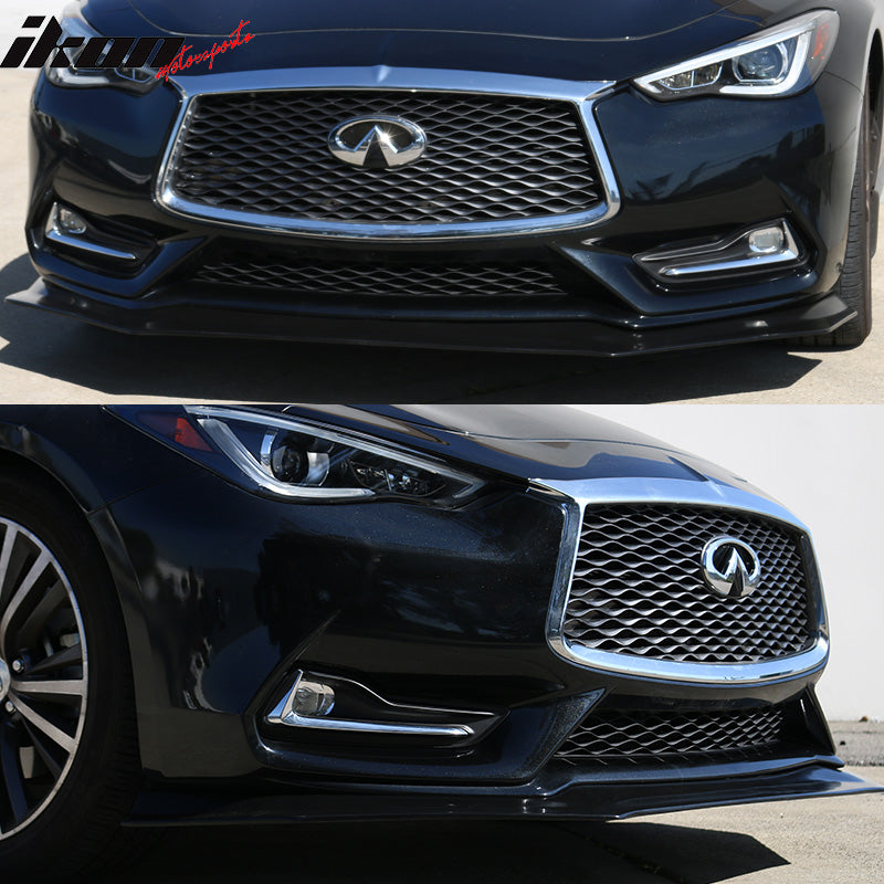 IKON MOTORSPORTS Front Bumper Lip, Compatible with 2017-2022 Infiniti Q60, IKON V4 Style Unpainted Black Polyurethane PU Air Dam Chin Spoiler Protector Splitter