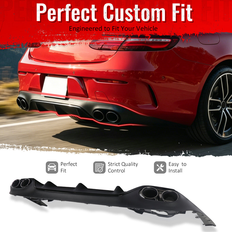IKON MOTORSPORTS Rear Diffuser w/ Quad Round Exhaust Tips Compatible with 2017-2023 Benz E-Class C238 Coupe (E400 E450 E550) E53 Style Gloss Black Shark Fin Rear Bumper Lip w/ Stainless Steel Tips