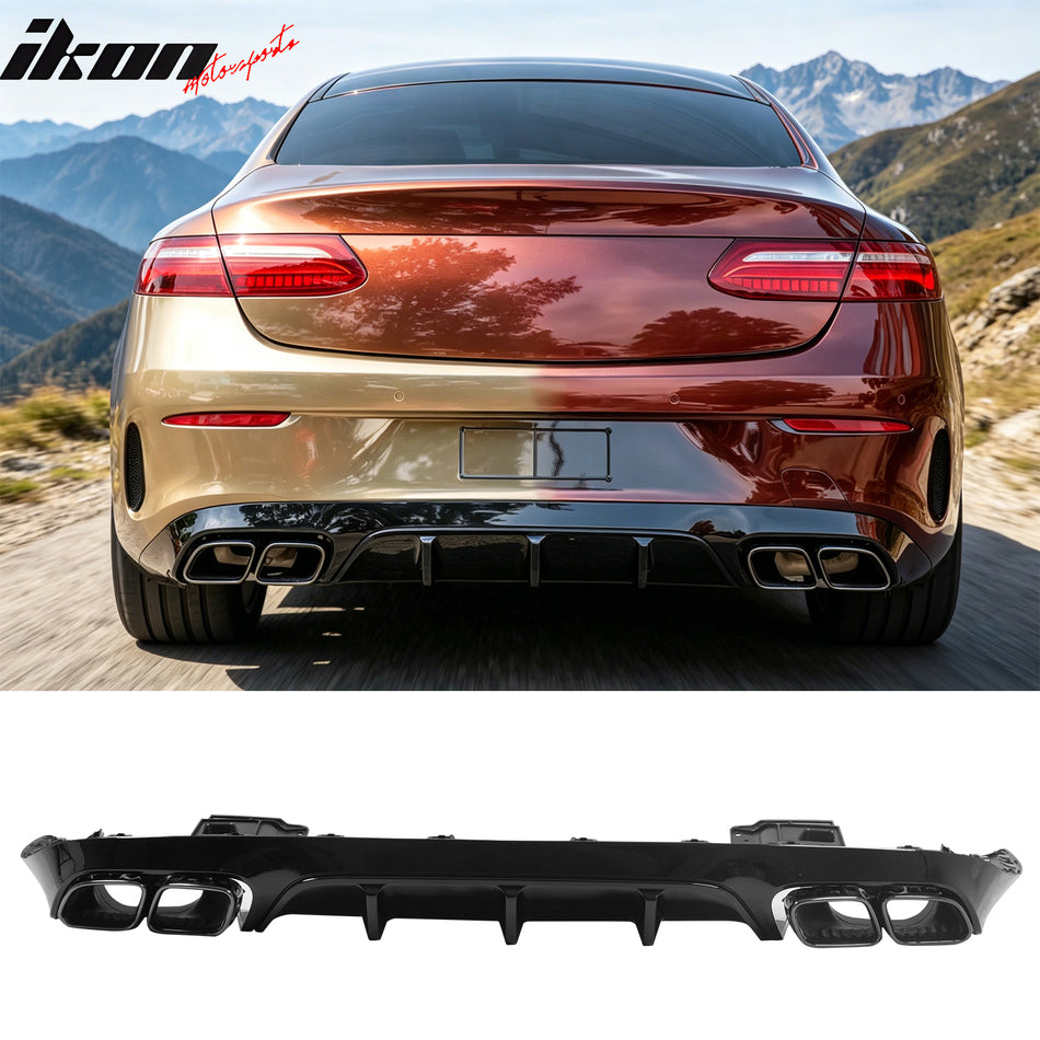 2017-2023 Benz E-Class C238 Coupe E63 Style Gloss Black Rear Diffuser PP + Exhaust Tips