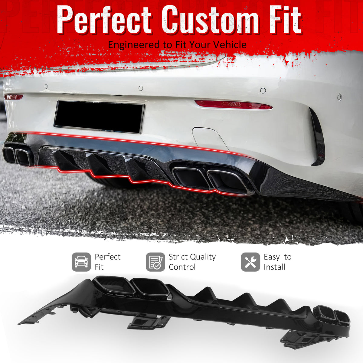 IKON MOTORSPORTS Rear Diffuser w/ Quad Square Exhaust Tips Compatible with 2017-2023 Benz E-Class C238 Coupe (E400 E450 E550) E63 Style Gloss Black Shark Fin Rear Bumper Lip w/ Stainless Steel Tips