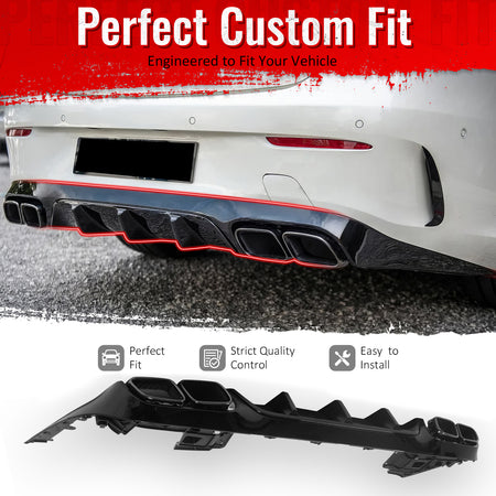 IKON MOTORSPORTS Rear Diffuser w/ Quad Square Exhaust Tips Compatible with 2017-2023 Benz E-Class C238 Coupe (E400 E450 E550) E63 Style Gloss Black Shark Fin Rear Bumper Lip w/ Stainless Steel Tips