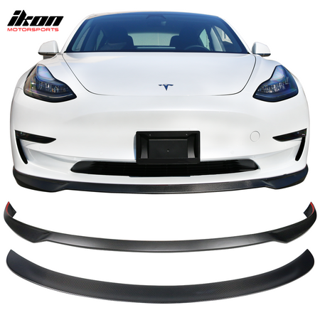 Front Lip + Rear Spoiler for 2017-2023 Tesla Model 3 IKON Style Front Bumper Lip Air Dam Chin Lip Matte CF Carbon Fiber by IKON MOTORSPORTS