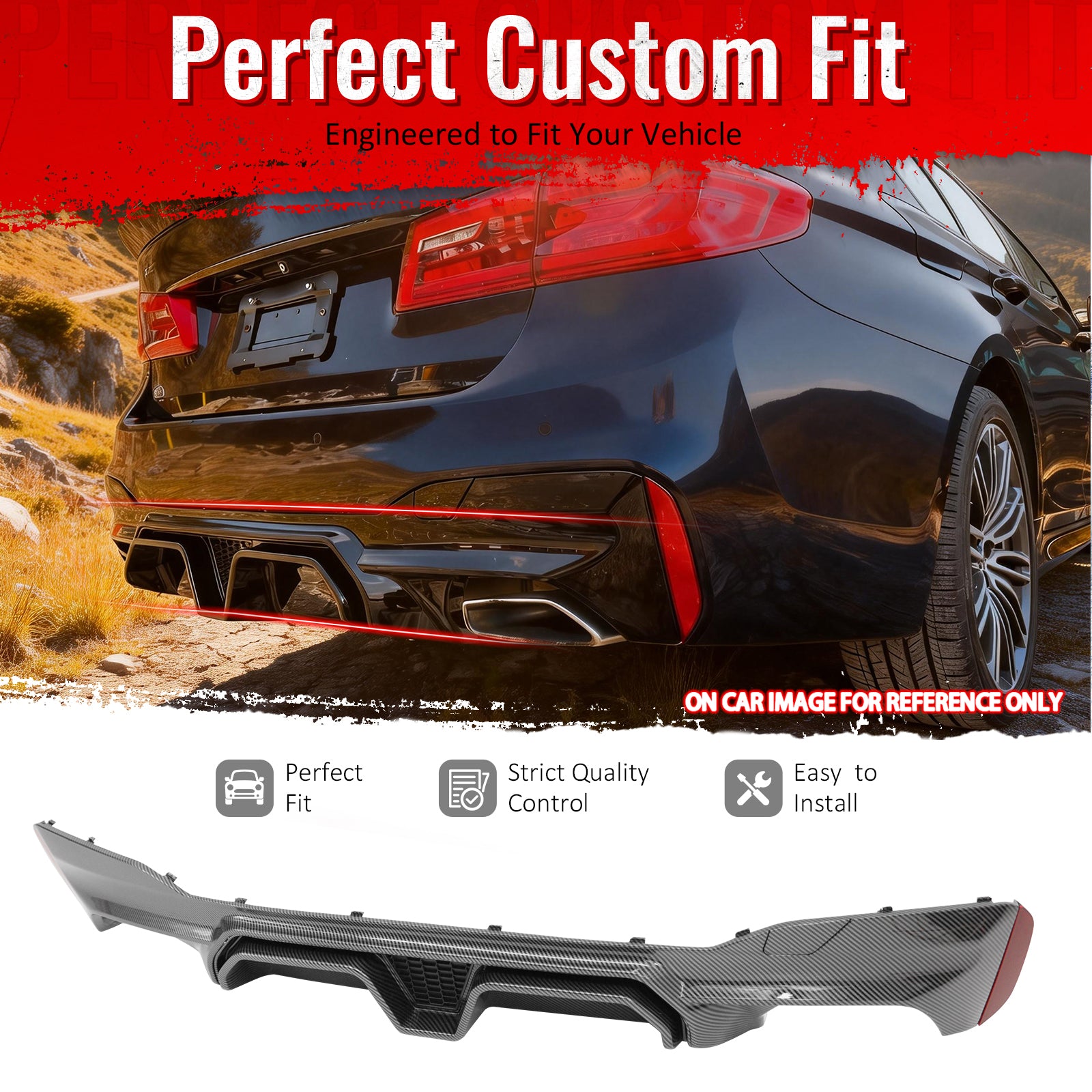IKON MOTORSPORTS Rear Diffuser, Compatible with 2017-2023 BMW 5 Series G30 Sedan M Sport, F90 M5 CS Style Carbon Fiber Print PP Rear Bumper Lower Spoiler Air Dam Chin Valance Splitter 1PC