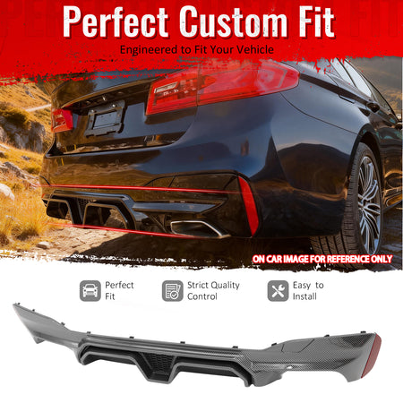 IKON MOTORSPORTS Rear Diffuser, Compatible with 2017-2023 BMW 5 Series G30 Sedan M Sport, F90 M5 CS Style Carbon Fiber Print PP Rear Bumper Lower Spoiler Air Dam Chin Valance Splitter 1PC
