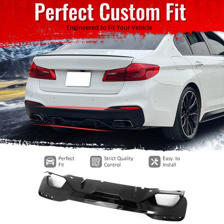 IKON MOTORSPORTS Rear Diffuser, Compatible with 2017-2023 BMW 5 Series G30 Sedan M Sport, M Perfermance Style Gloss Black PP Shark Fin Rear Bumper Valance Spoiler, Air Dam Chin Splitter Molding 2PCS