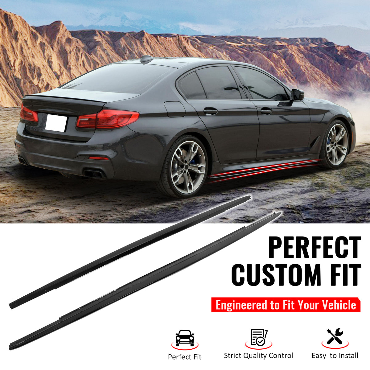 IKON MOTORSPORTS, Side Skirts Extension Compatible with 2017-2023 BMW 5 Series G30 F90 M5 M Sport, M Perfermance Style Gloss Black ABS Add On Rocker Panel Splitter Side Underbody Spoiler 2PCS