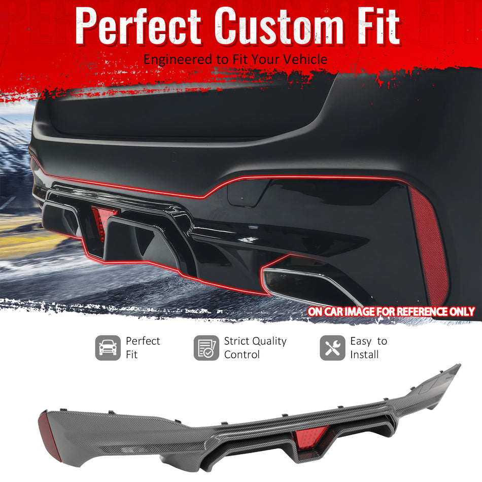 IKON MOTORSPORTS Rear Diffuser w/ LED Brake Light, Compatible with 2017-2023 BMW 5 Series G30 Sedan M Sport, F90 M5 CS Style Carbon Fiber Print PP Rear Bumper Lower Spoiler Air Dam Chin Splitter 1PC
