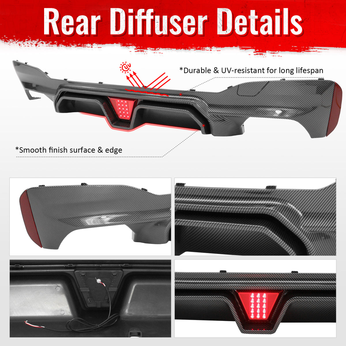 Fits 17-23 BMW G30 5 Series Carbon Fiber Print M5 CS Style Rear Diffuser w/ LED