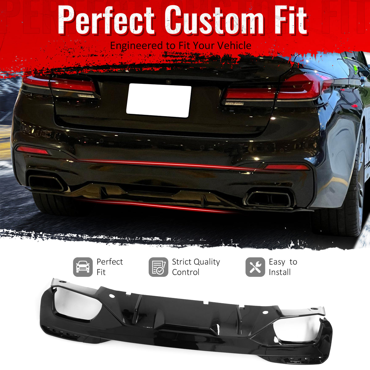 IKON MOTORSPORTS Rear Diffuser, Compatible with 2017-2023 BMW 5 Series G30 M550i M Sport, M Perfermance Style Gloss Black PP Shark Fin Rear Bumper Valance Spoiler, Air Dam Chin Splitter Molding 2PCS