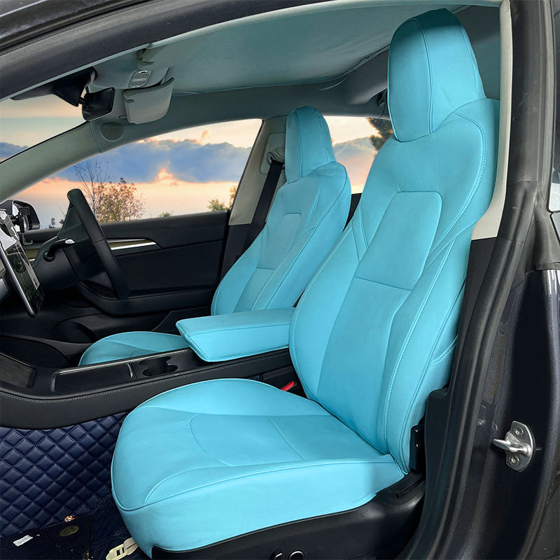 IKON MOTORSPORTS Car Seat Covers Compatible with 2017-2023 Tesla Model 3 5-Seats (Not Fit 7 Seats), Waterproof Easy Clean Nappa Leather Driver Passenger Cushion Protector Cover 12PCS (Front Row, Blue)