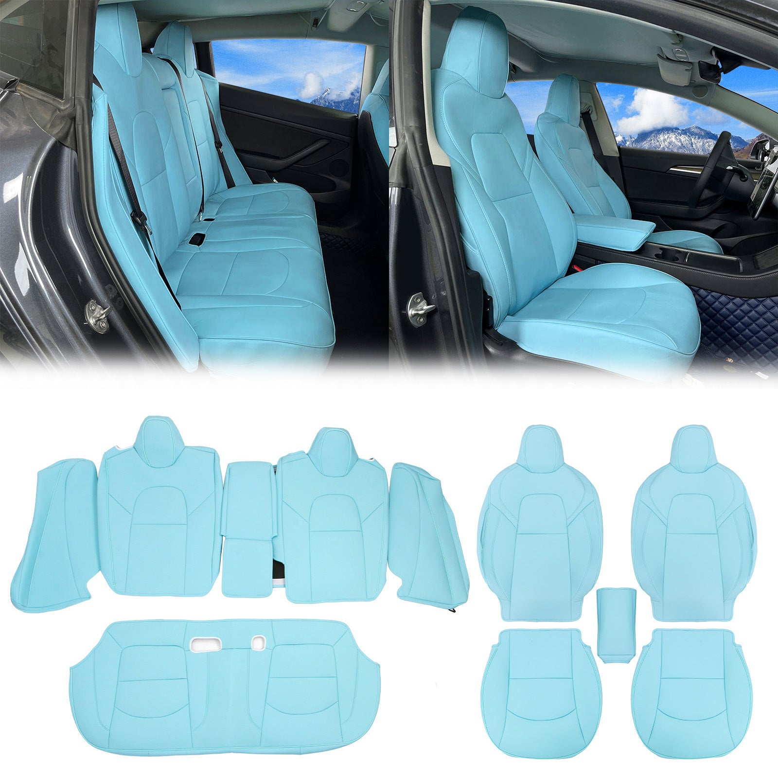 Fits 17-23 Tesla Model 3 5-Seat Seat Covers Blue Cushion Protector Leather 12PCS