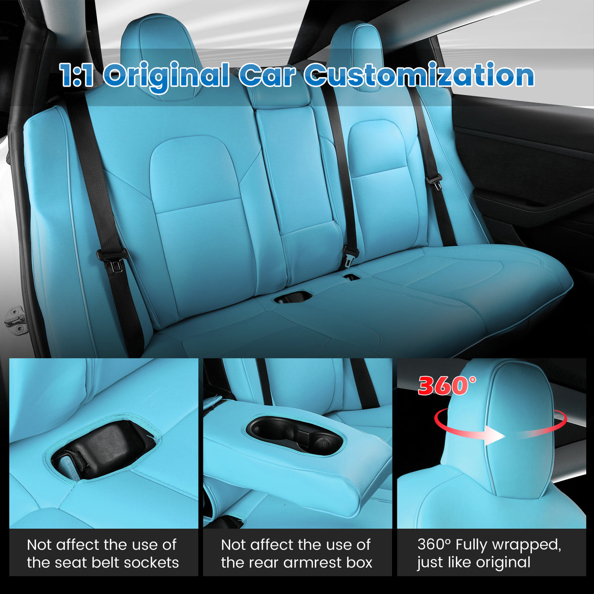 Fits 17-23 Tesla Model 3 5-Seat Seat Covers Blue Cushion Protector Leather 12PCS