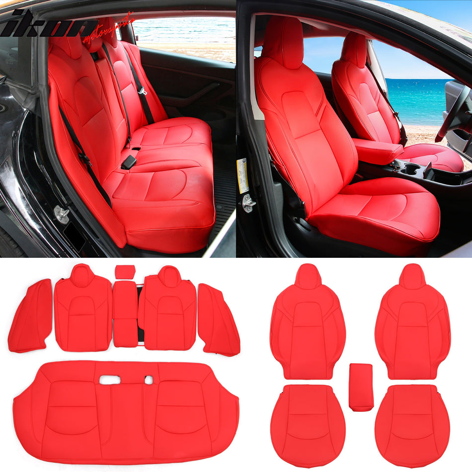 2017-2023 Tesla Model 3 Red Front Rear 5-Seat Seat Covers 12PC Leather