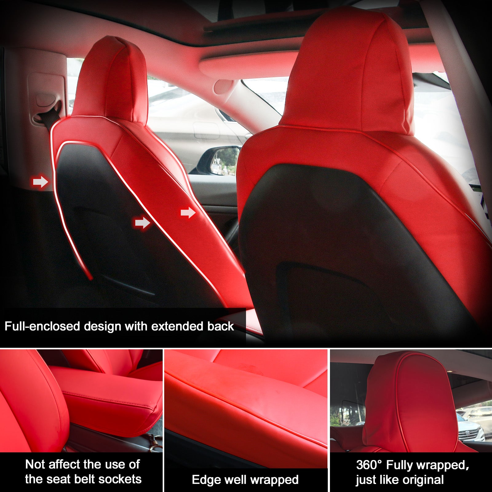 Fits 17-23 Tesla Model 3 5-Seat Seat Covers Red Cushion Protector Leather 12PCS
