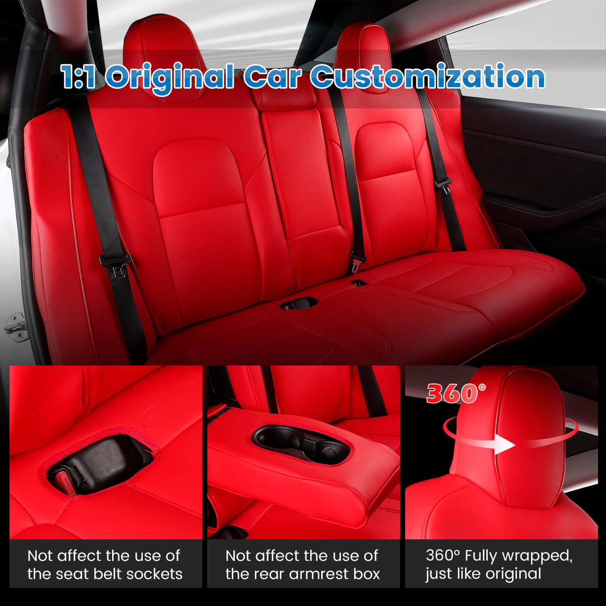 Fits 17-23 Tesla Model 3 5-Seat Seat Covers Red Cushion Protector Leather 12PCS