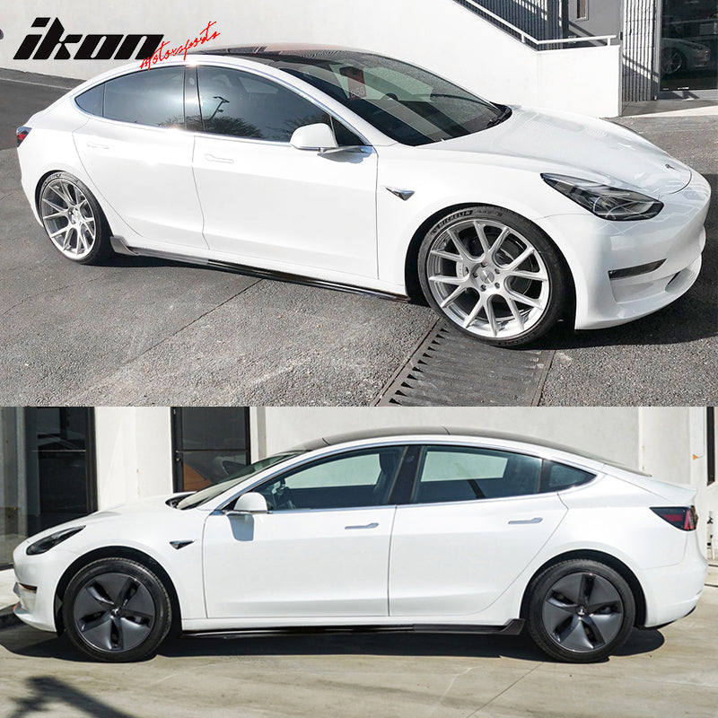 IKON MOTORSPORTS, Side Skirts Extension Compatible With 2017-2025 Tesla Model 3, V Style Unpainted Black Rocker Panel Driver Passenger Side 6PC PP, 2018 2019 2020 2021 2022 2023 2024