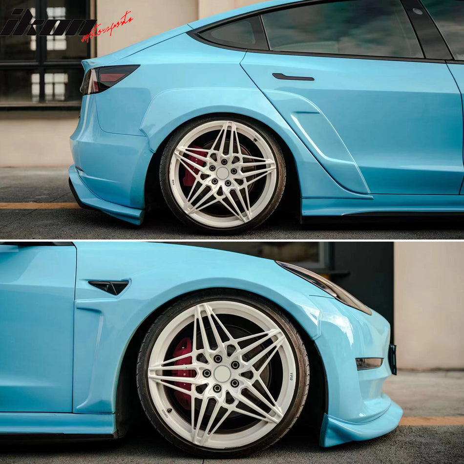 IKON MOTORSPORTS, Fender Flares Compatible With 2017-2023 Model 3 & 2024-2025 Tesla Model 3 Facelift, ABS IKON Style Unpainted Black Front Rear Right Left Sanded Wheel Cover Protector 6PCS, 2018 2019