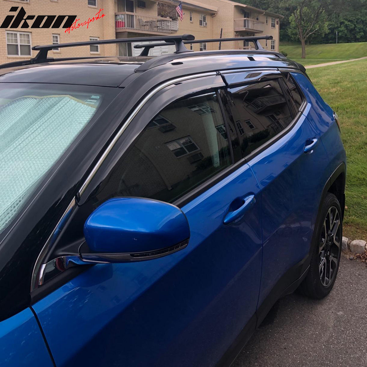 IKON MOTORSPORTS, Window Visor Compatible With 2017-2025 Jeep Compass MP, Injection Polycarbonate with Chrome Trim Window Visor Rain Guard Shade 4PC, 2018 2019 2020 2021 2022