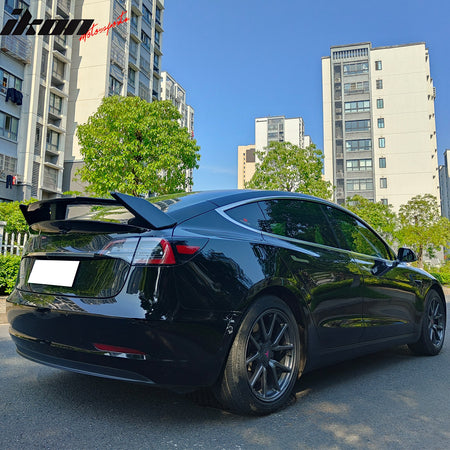 IKON MOTORSPORTS, Trunk Spoiler Compatible with 2017-2025 Tesla Model 3, GT Style Carbon Fiber Print Blow Molding ABS Plastic Rear Trunk Lid Spoiler Wing Lip