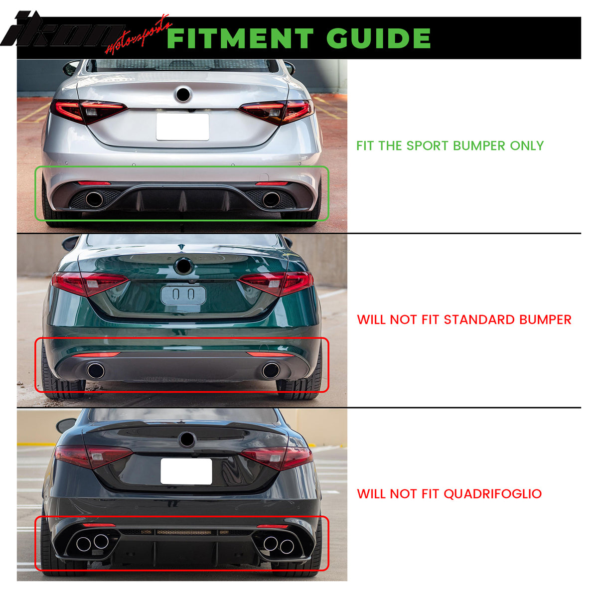 IKON MOTORSPORTS Rear Aprons, Compatible with 2017-2025 Alfa Romeo Giulia W/Sport Bumper, MX Style Unpainted Black PU Polyurethane Rear Bumper Lip Lower Side Spat Valance Winglet Canard Protector 2PCS