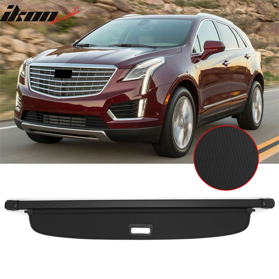IKON MOTORSPORTS, Rear Retractable Cargo Cover + 3D TPE Trunk Mat, Compatible with 2017-2025 Cadillac XT5, ABS Aluminum Vinyl Trunk Security Luggage Shield Shade, Carbon Fiber Texture