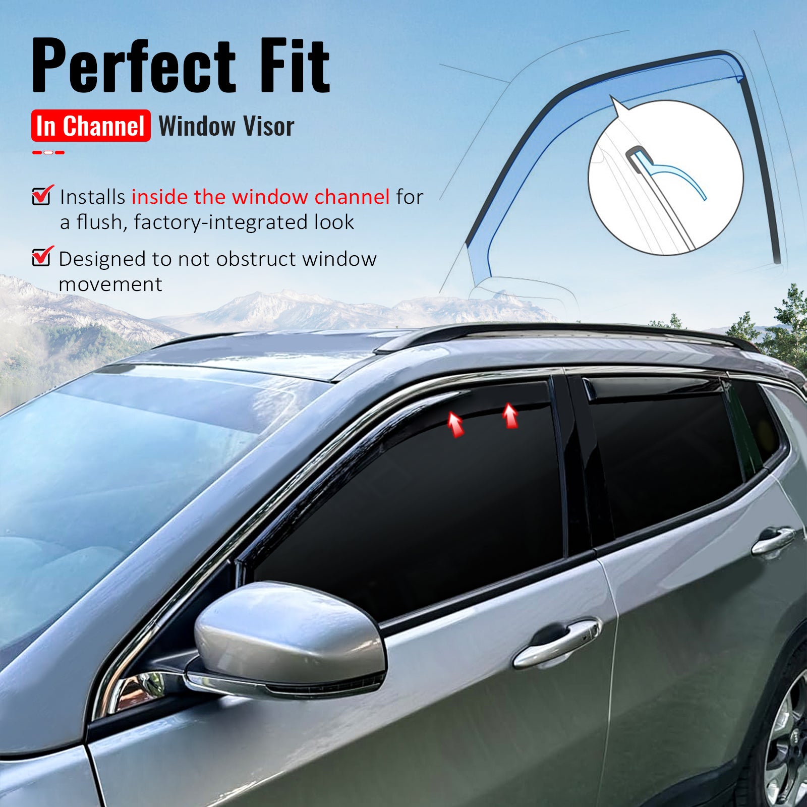 IKON MOTORSPORTS In Channel Window Visors Compatible with 2017-2026 Jeep Compass MP Models Only (Not Fit MK Models), In Channel Style Injection PC Black Rain Guards, Side Window Wind Deflectors 4PCS
